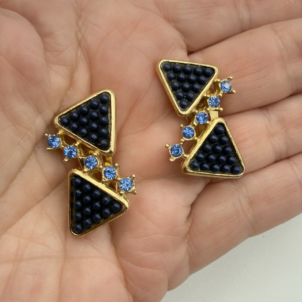 Geometric Clip On Earrings Gold Tone Navy Blue Beaded Light Blue Rhinestone 1.5" - Picture 7 of 9